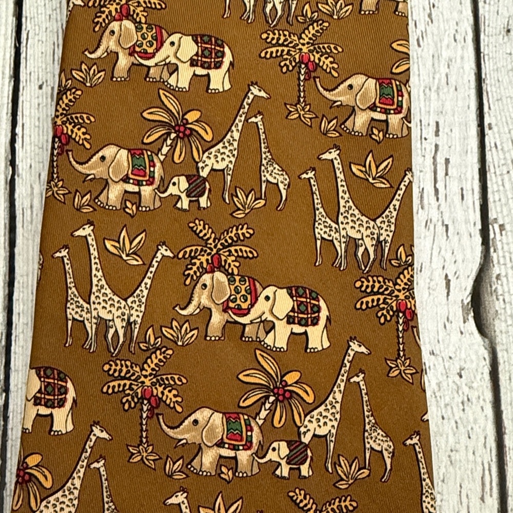 Salvatore Ferragamo Brown and Cream Safari Animal Print Silk Tie